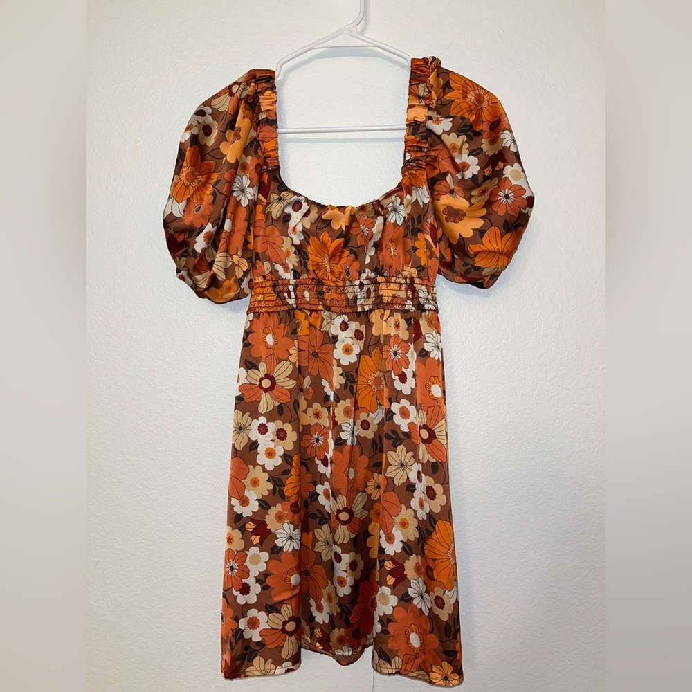 Altar'd State Orange Floral Puff-Sleeve Midi Dress Fall Dress
